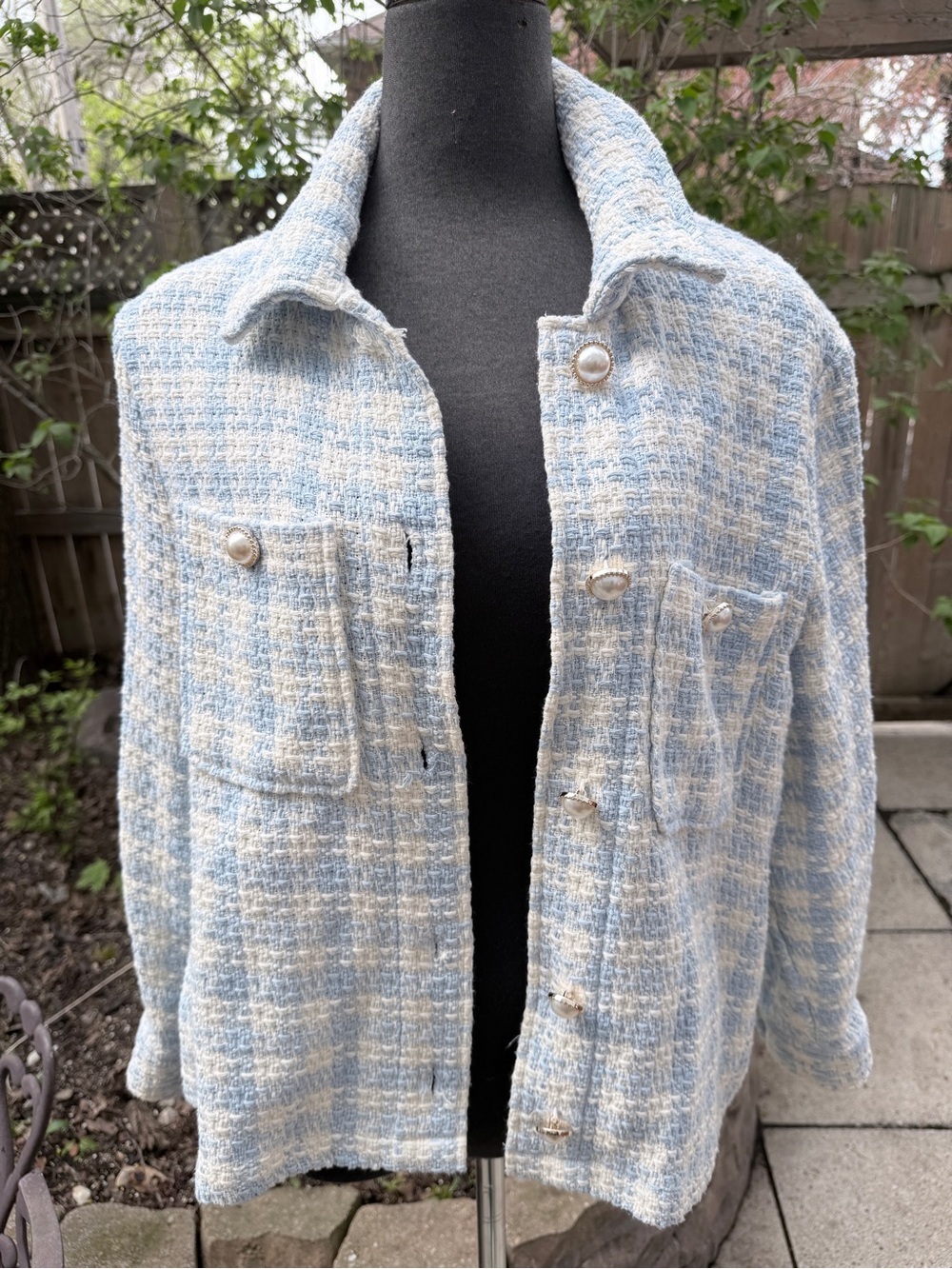 Classic Tweed Women's Jacket in Light Blue and Cream - Picture 10 of 13